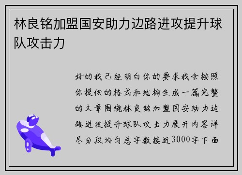 林良铭加盟国安助力边路进攻提升球队攻击力
